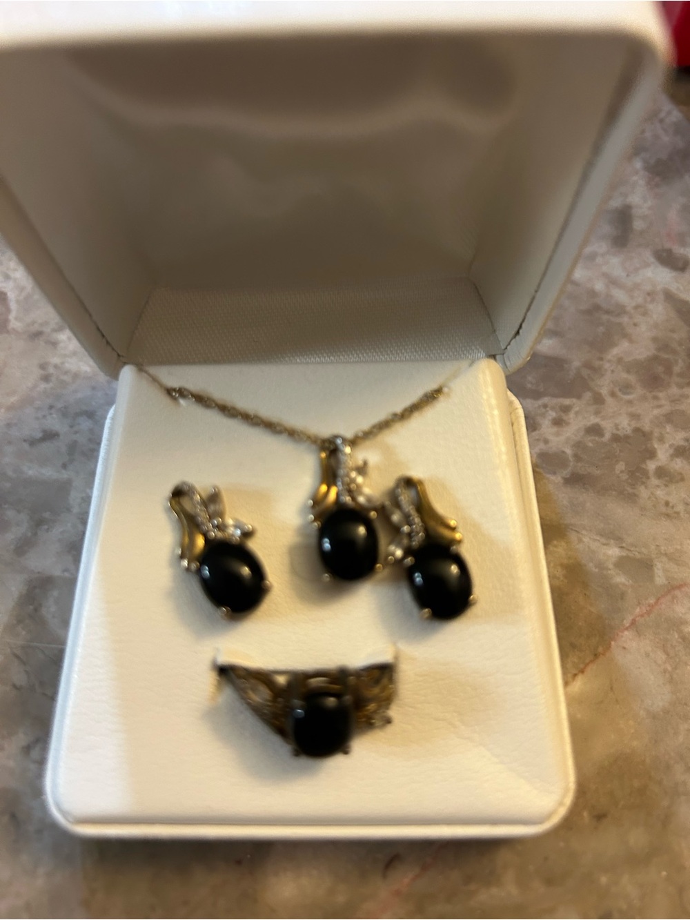 Gold-Tone Black Onyx Pearled Jewelry Set - Necklace, Earrings & Ring